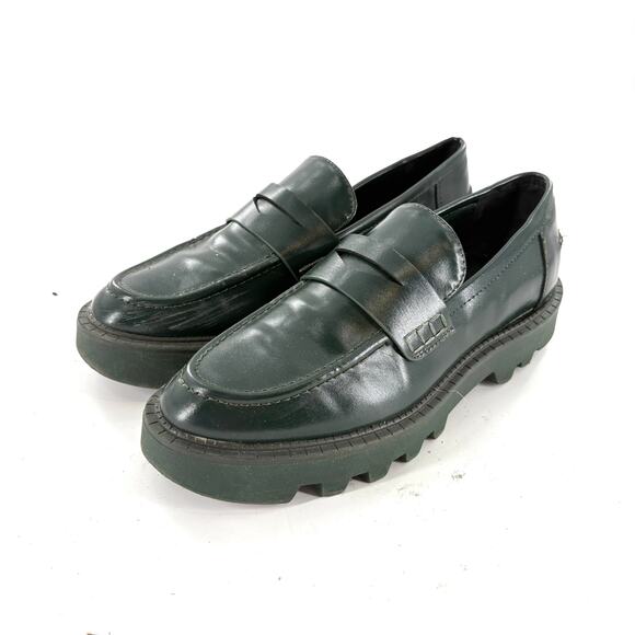Zara Treaded Sole Loafers 39 9 Green Flats Leather Penny Prep Lug 90s Y2K - Picture 5 of 7